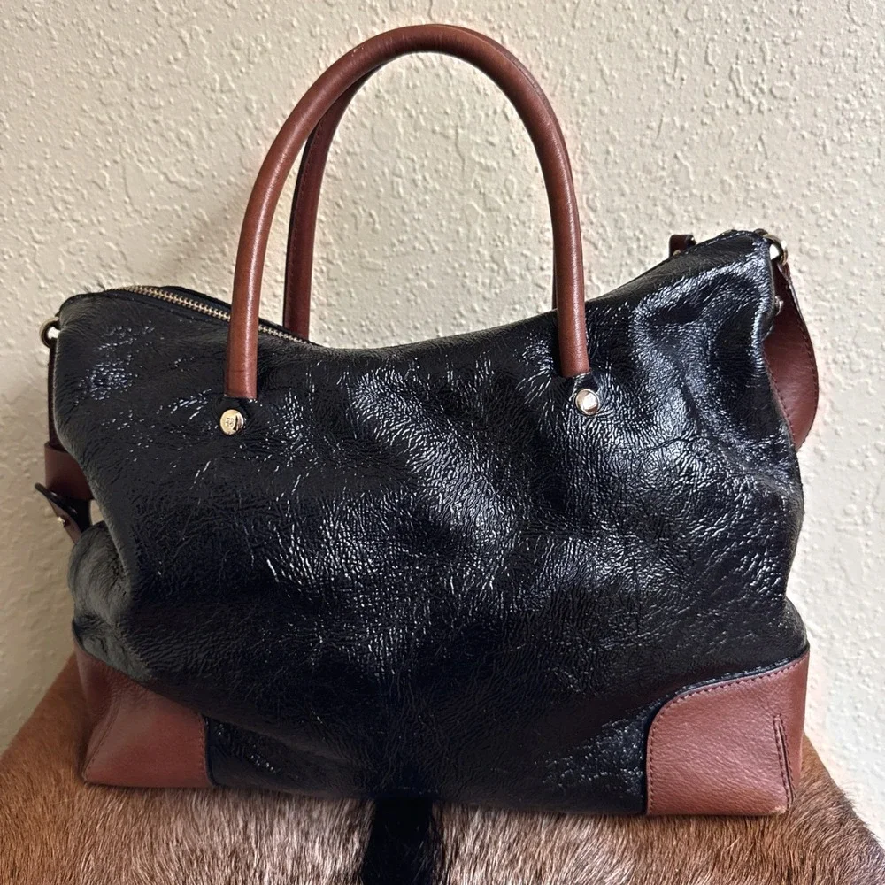 Kate Spade Black Patent Brown Leather Combo Court Tote‎ Shoulder Bag Crossbody